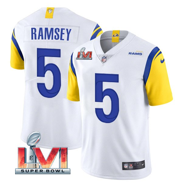 Men's Los Angeles Rams #5 Jalen Ramsey 2022 White Super Bowl LVI Vapor Limited Stitched Jerse